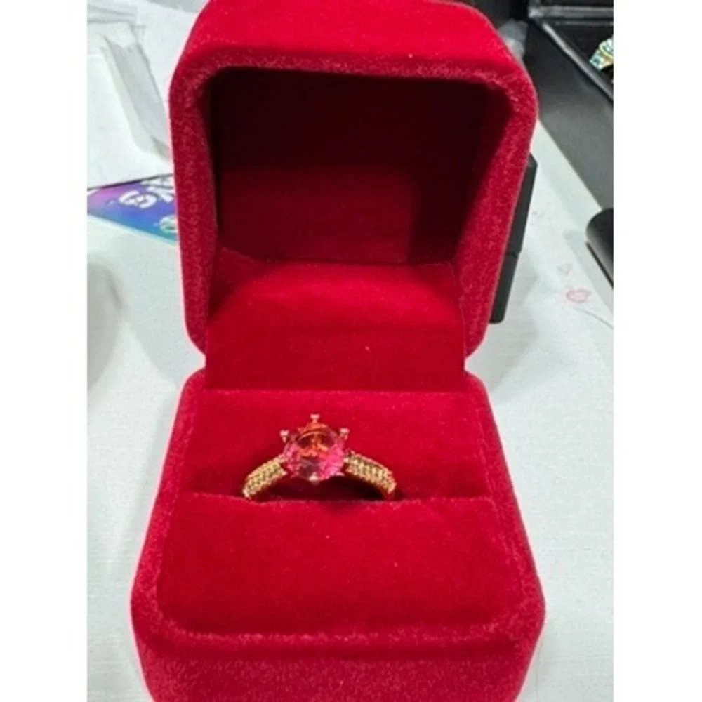 Gold Tone Pink Sapphire Round Cut Pave Band Cocktail Ring Size 7.25